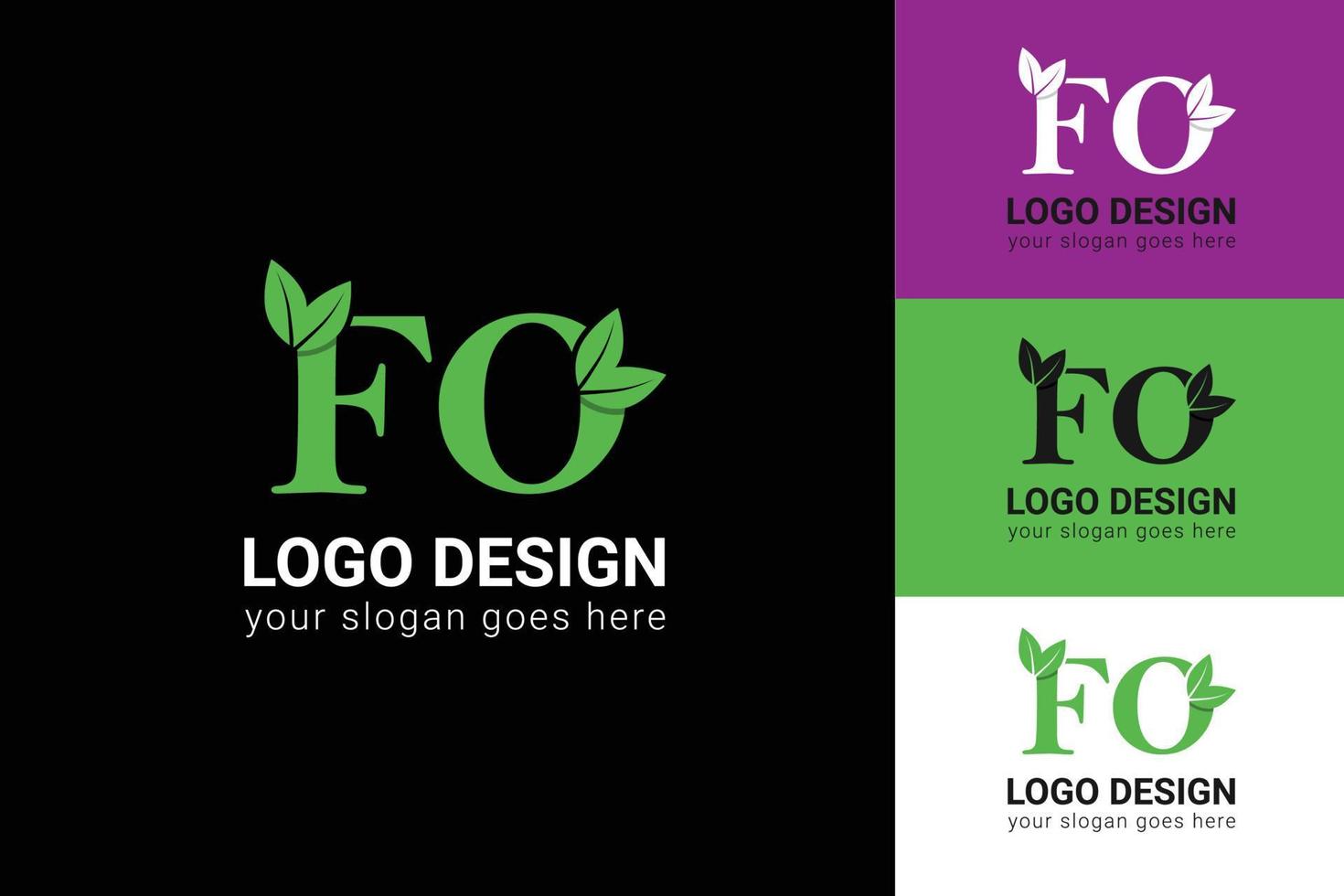 Ecology FO letters logo with green leaf. FO letters eco logo with leaf. Vector typeface for nature posters, eco friendly emblem, vegan identity, herbal and botanical cards etc.