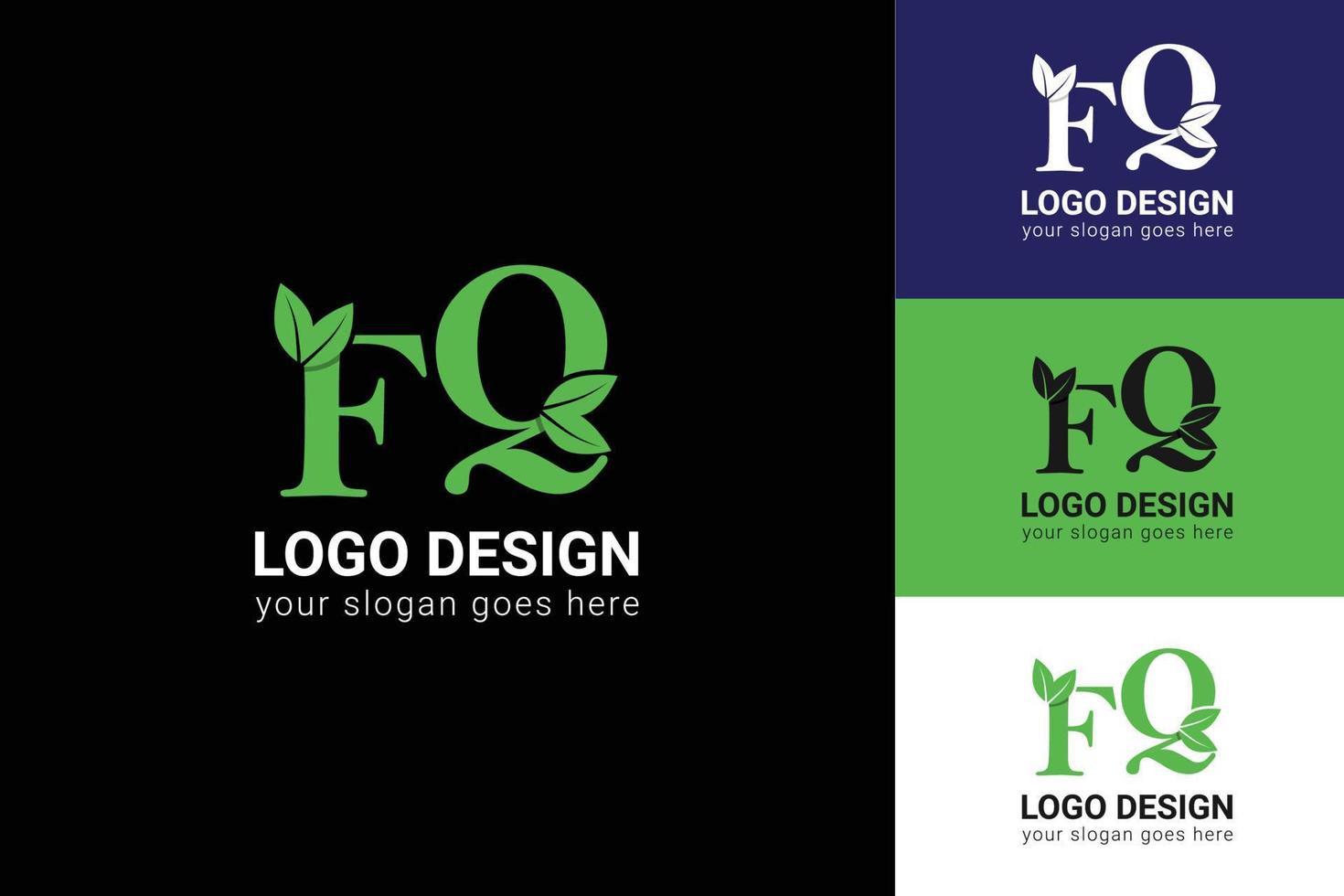 Ecology FQ letters logo with green leaf. FQ letters eco logo with leaf. Vector typeface for nature posters, eco friendly emblem, vegan identity, herbal and botanical cards etc.