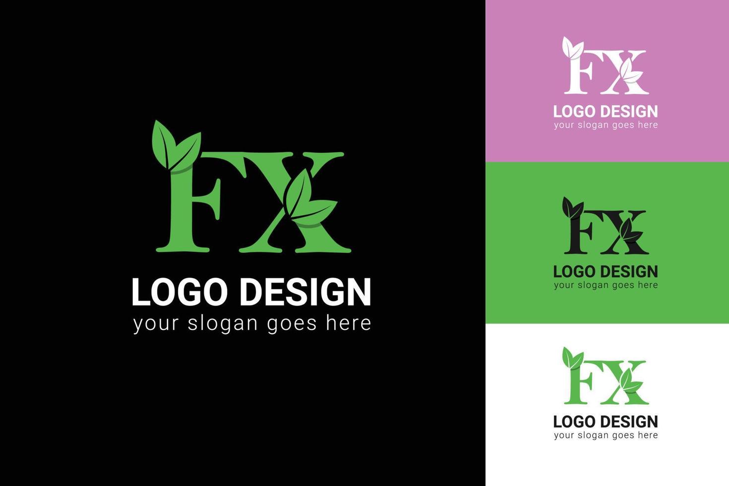 Ecology FX letters logo with green leaf. FX letters eco logo with leaf. Vector typeface for nature posters, eco friendly emblem, vegan identity, herbal and botanical cards etc.