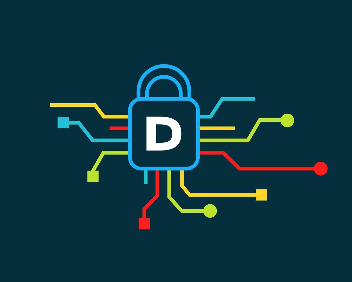 logotipo de seguridad cibernética de la letra d. ciberprotección, tecnología, biotecnología y alta tecnología vector