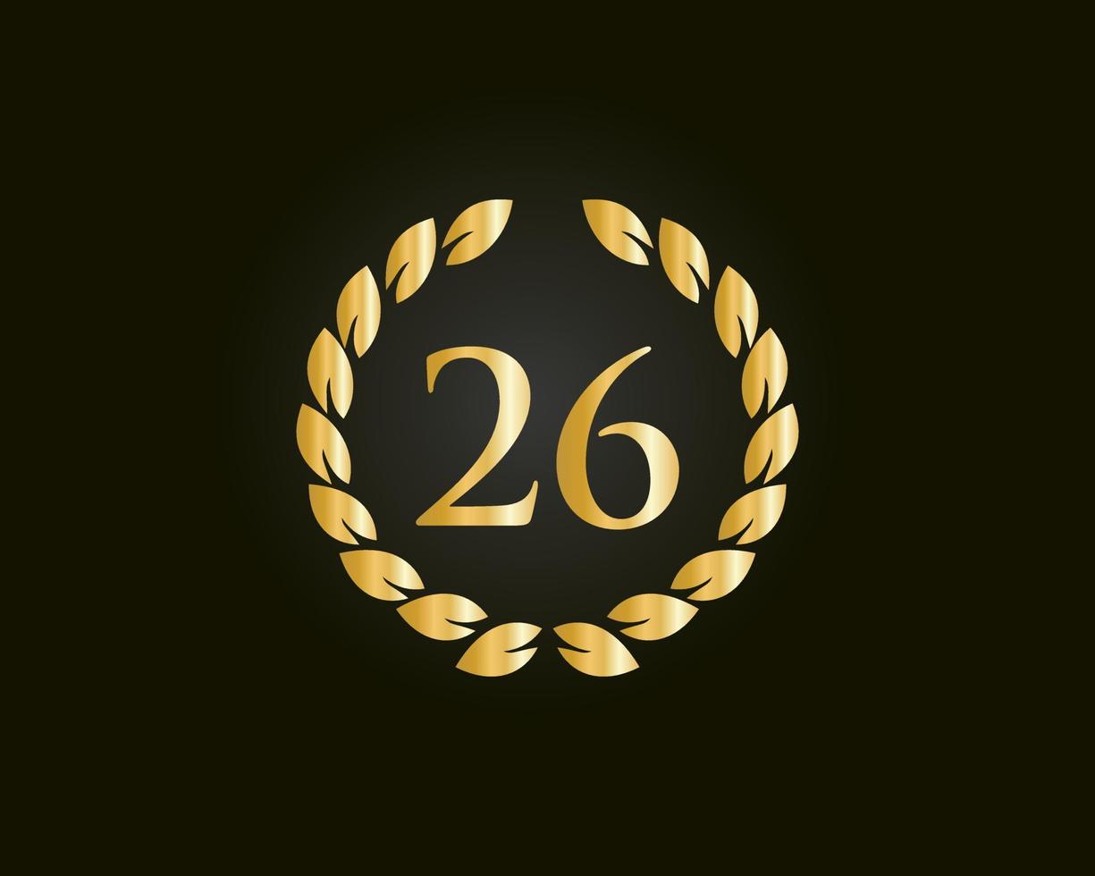 Logotipo de aniversario de 26 años con anillo dorado aislado en fondo negro, para cumpleaños, aniversario y celebración de la empresa vector