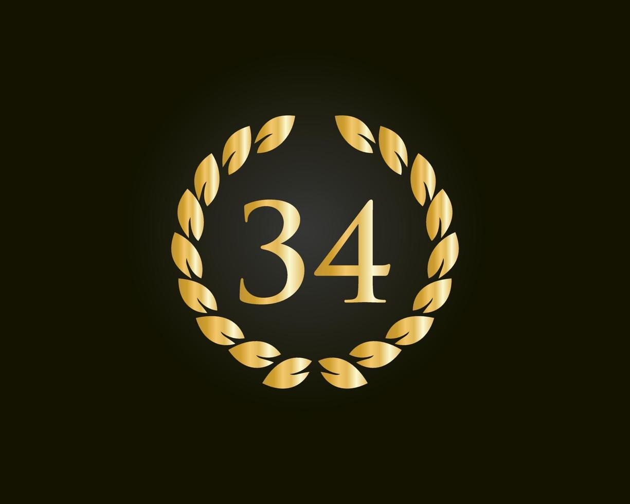 Logotipo de aniversario de 34 años con anillo dorado aislado en fondo negro, para cumpleaños, aniversario y celebración de la empresa vector