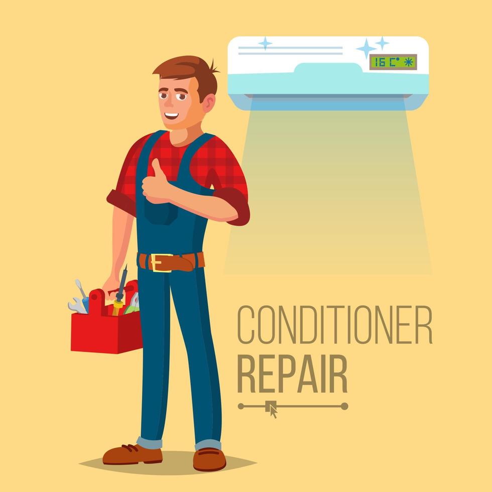 Professional Air Conditioner Repair Vector. Man Electrician Installing Air Conditioner. Flat Cartoon Illustration vector