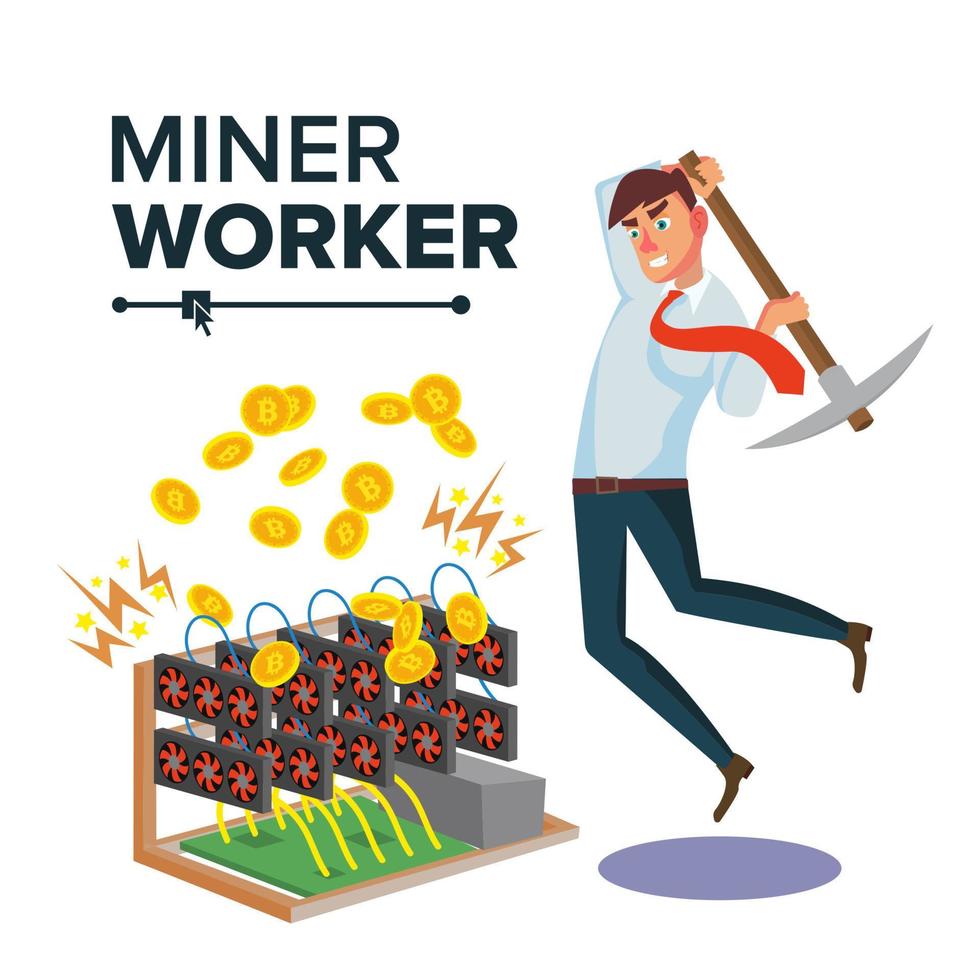 Miner Businessman Vector. Cryptocurrency And Electronic Money. Digging To Get Virtual Coins. Flat Cartoon Illustration vector