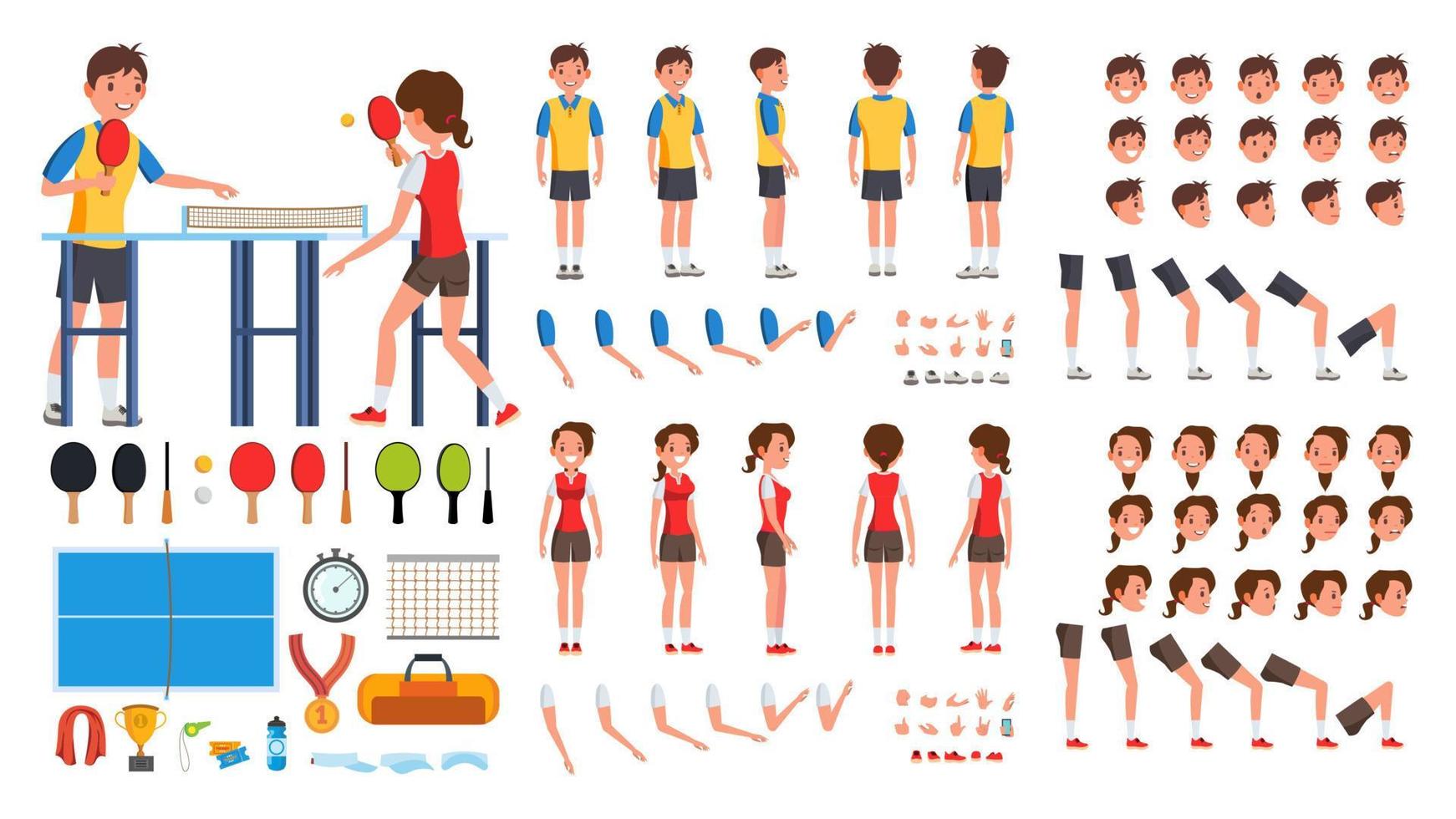 jugador de tenis de mesa masculino, vector femenino. conjunto de creación de personajes animados. ping pong. hombre, mujer de cuerpo entero, frontal, lateral, vista trasera, accesorios, poses, emociones faciales, gestos. aislado