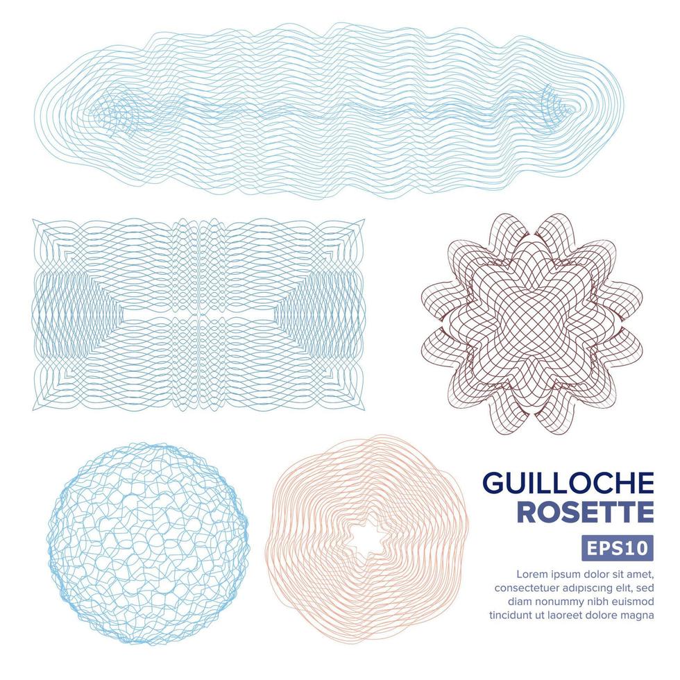 Guilloche Rosette Set Vector. Decorative Abstract Rosette Elements For Diploma, Certificate, Money Or Passport. Guilloche Background Rosette. Vector Illustration.