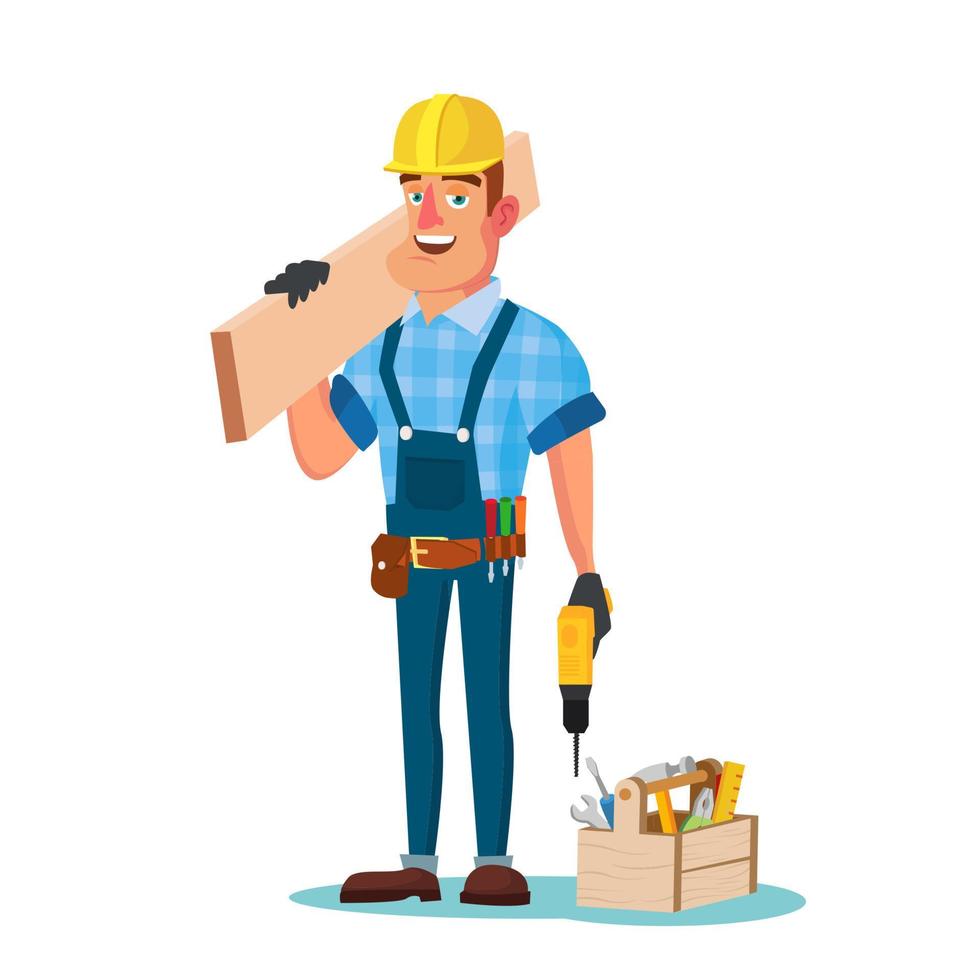 trabajador de la construcción edificio vector de marco de madera. uniforme clásico y casco. tablas de madera. ilustración de dibujos animados plana