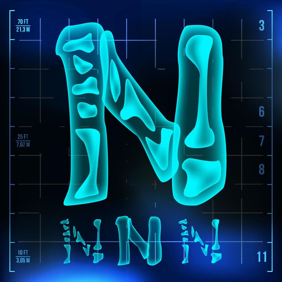 N Letter Vector. Capital Digit. Roentgen X-ray Font Light Sign. Medical Radiology Neon Scan Effect. Alphabet. 3D Blue Light Digit With Bone. Medical, Hospital, Pirate, Futuristic Style. Illustration vector