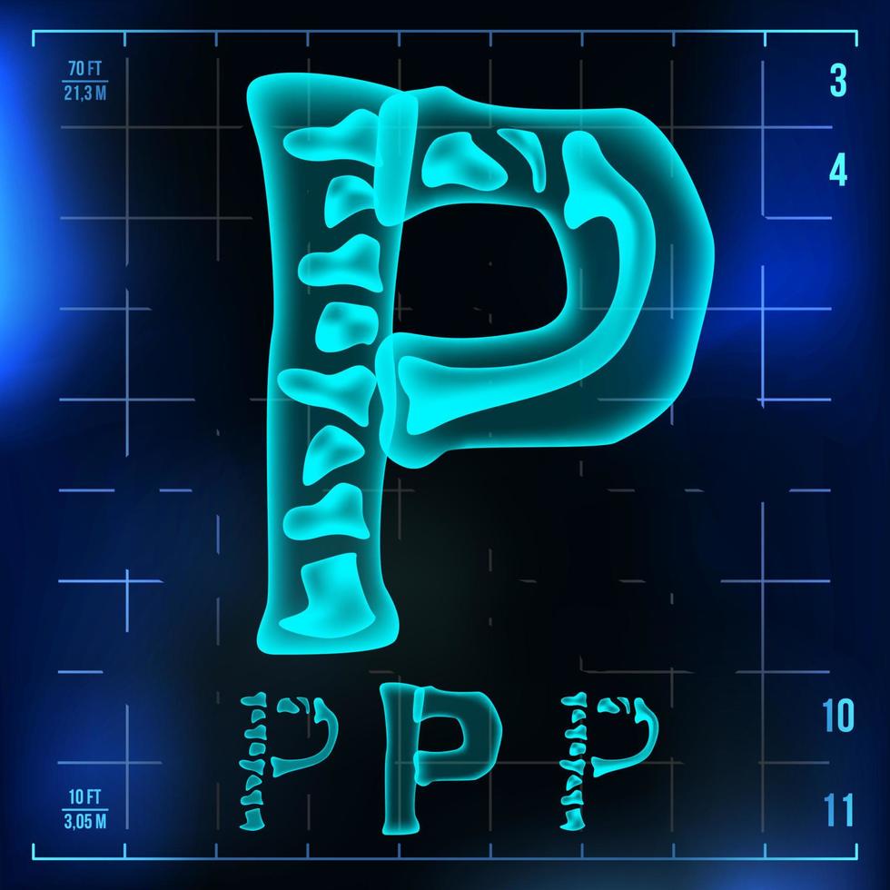 P Letter Vector. Capital Digit. Roentgen X-ray Font Light Sign. Medical Radiology Neon Scan Effect. Alphabet. 3D Blue Light Digit With Bone. Medical, Hospital, Pirate, Futuristic Style. Illustration vector