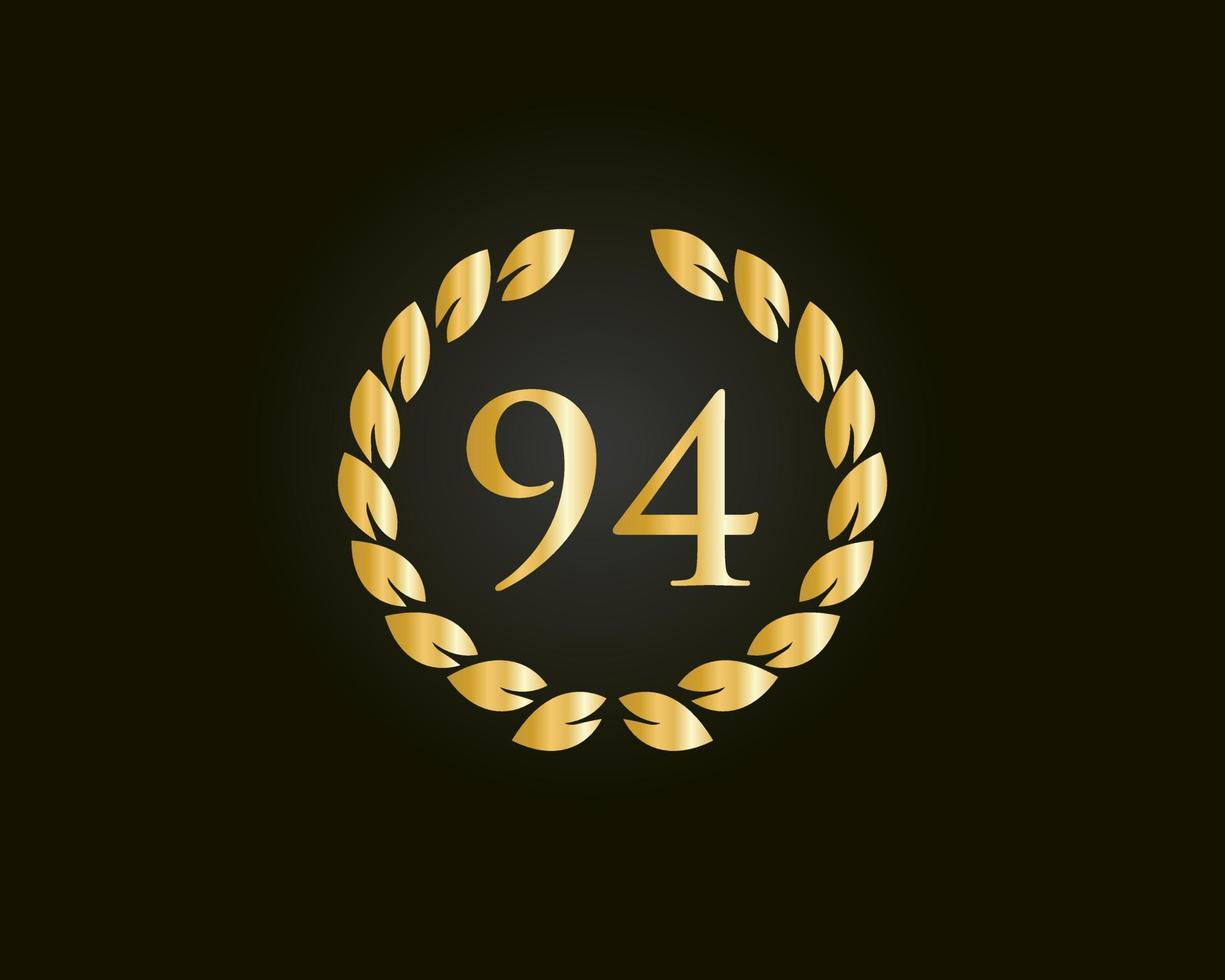 94 Years Anniversary Logo With Golden Ring Isolated On Black Background, For Birthday, Anniversary And Company Celebration vector