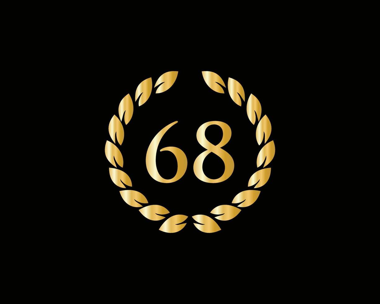 Logotipo de aniversario de 68 años con anillo dorado aislado en fondo negro, para cumpleaños, aniversario y celebración de la empresa vector