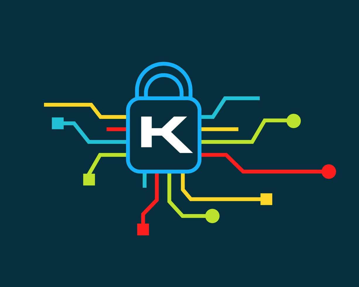 logotipo de seguridad cibernética de la letra k. ciberprotección, tecnología, biotecnología y alta tecnología vector