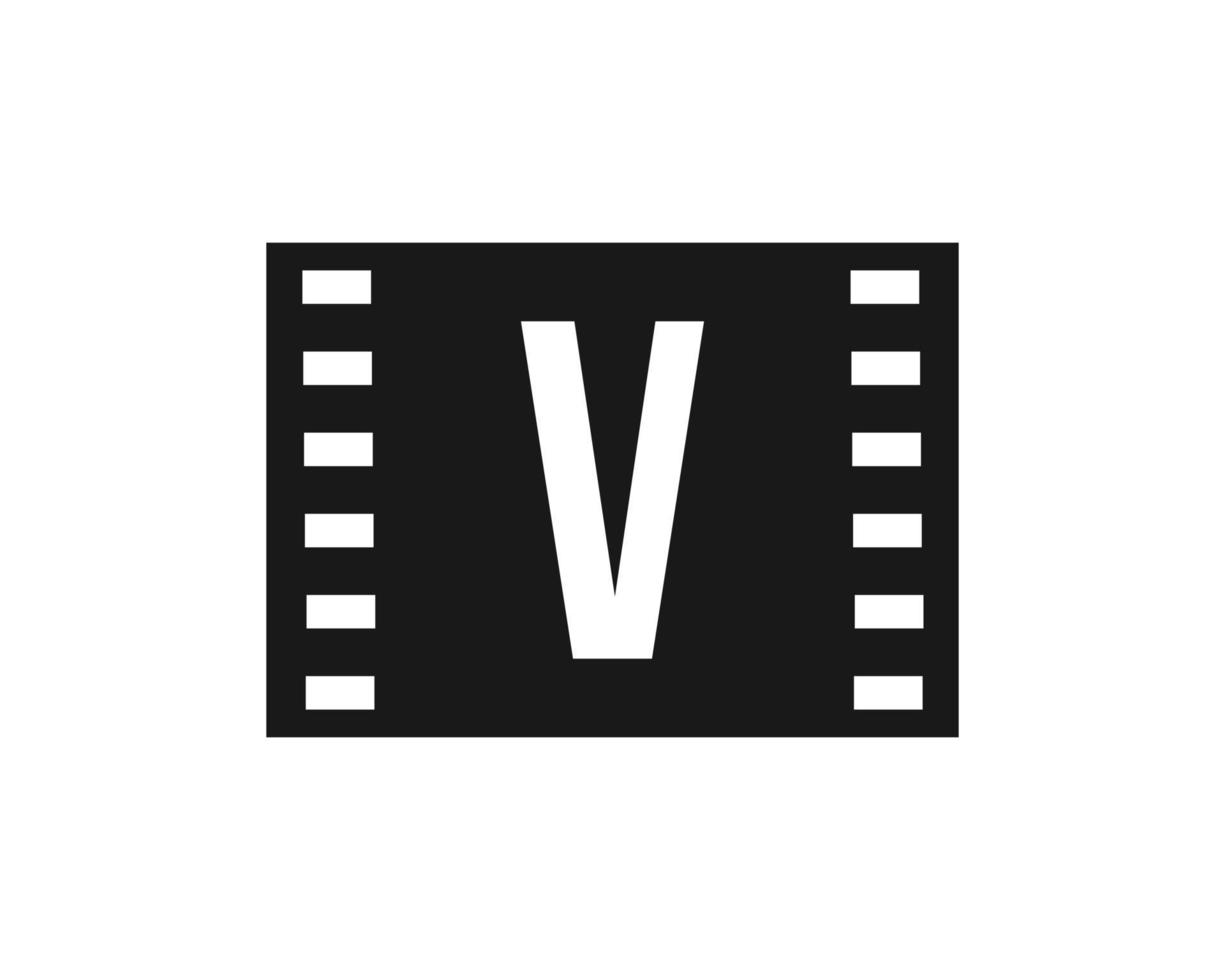 logotipo de película en movimiento en la letra v. signo de película de película, logotipo de producción de película vector
