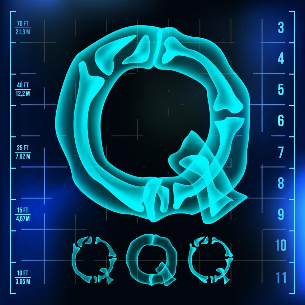 Q Letter Vector. Capital Digit. Roentgen X-ray Font Light Sign. Medical Radiology Neon Scan Effect. Alphabet. 3D Blue Light Digit With Bone. Medical, Hospital, Pirate, Futuristic Style. Illustration vector