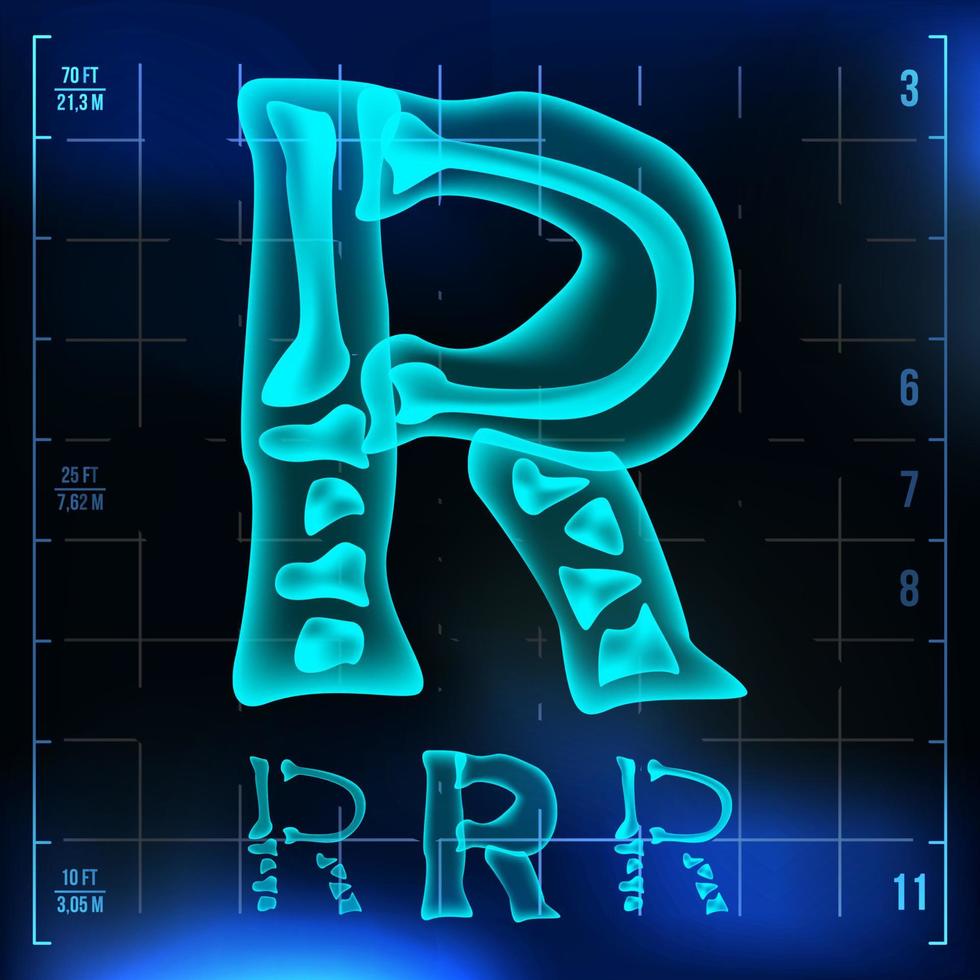 R Letter Vector. Capital Digit. Roentgen X-ray Font Light Sign. Medical Radiology Neon Scan Effect. Alphabet. 3D Blue Light Digit With Bone. Medical, Pirate, Futuristic, Horror Style. Illustration vector