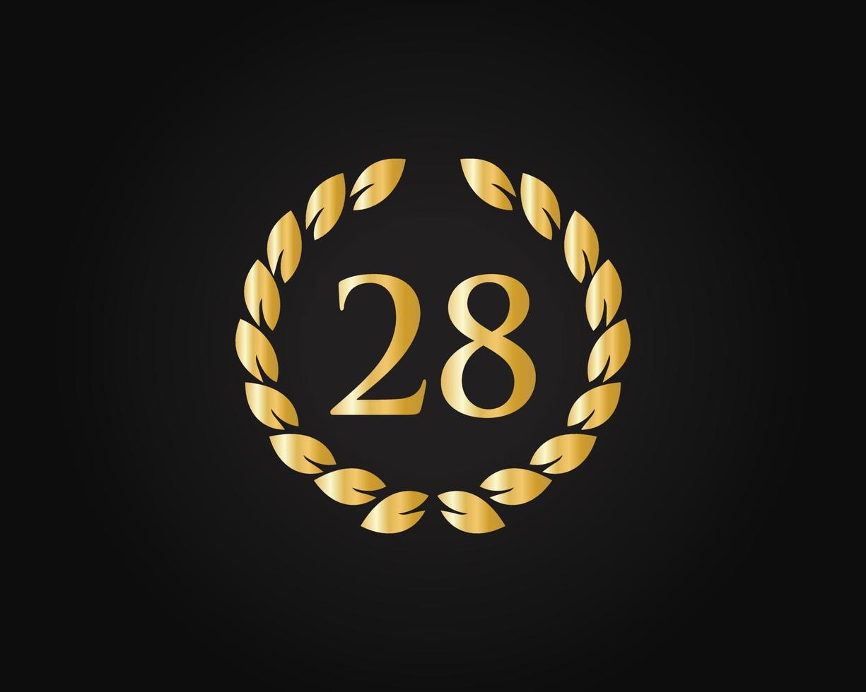 Logotipo de aniversario de 28 años con anillo dorado aislado en fondo negro, para cumpleaños, aniversario y celebración de la empresa vector