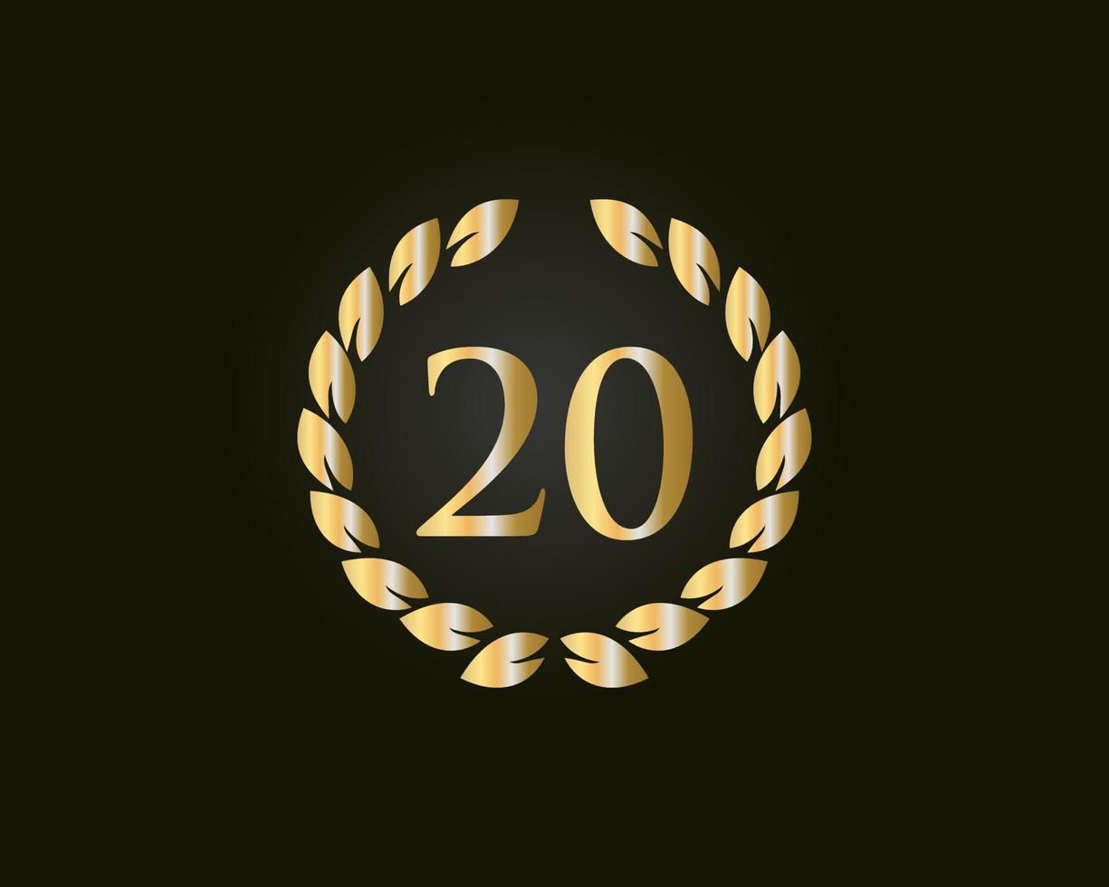 20th Years Anniversary Logo With Golden Ring Isolated On Black Background, For Birthday, Anniversary And Company Celebration vector