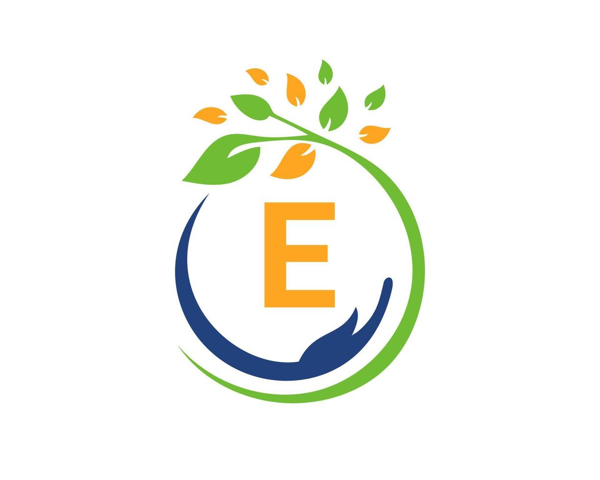 Letter E Charity Logo with Hand, Leaf and Concept. Hand Care Foundation Logotype vector