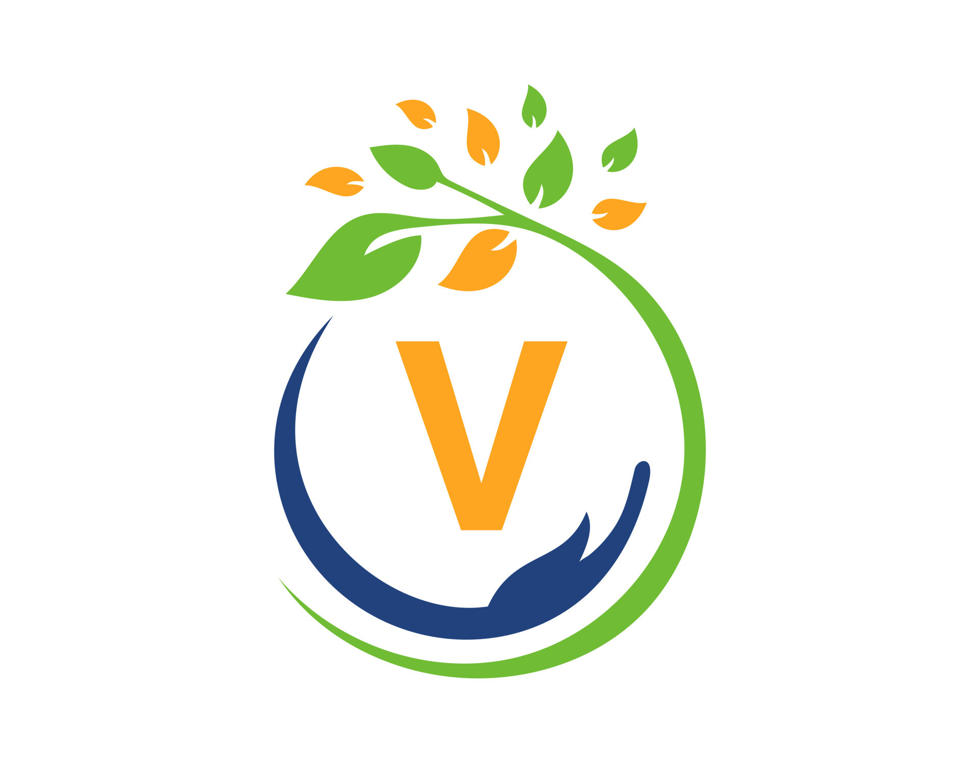 Letter V Charity Logo with Hand, Leaf and Concept. Hand Care Foundation