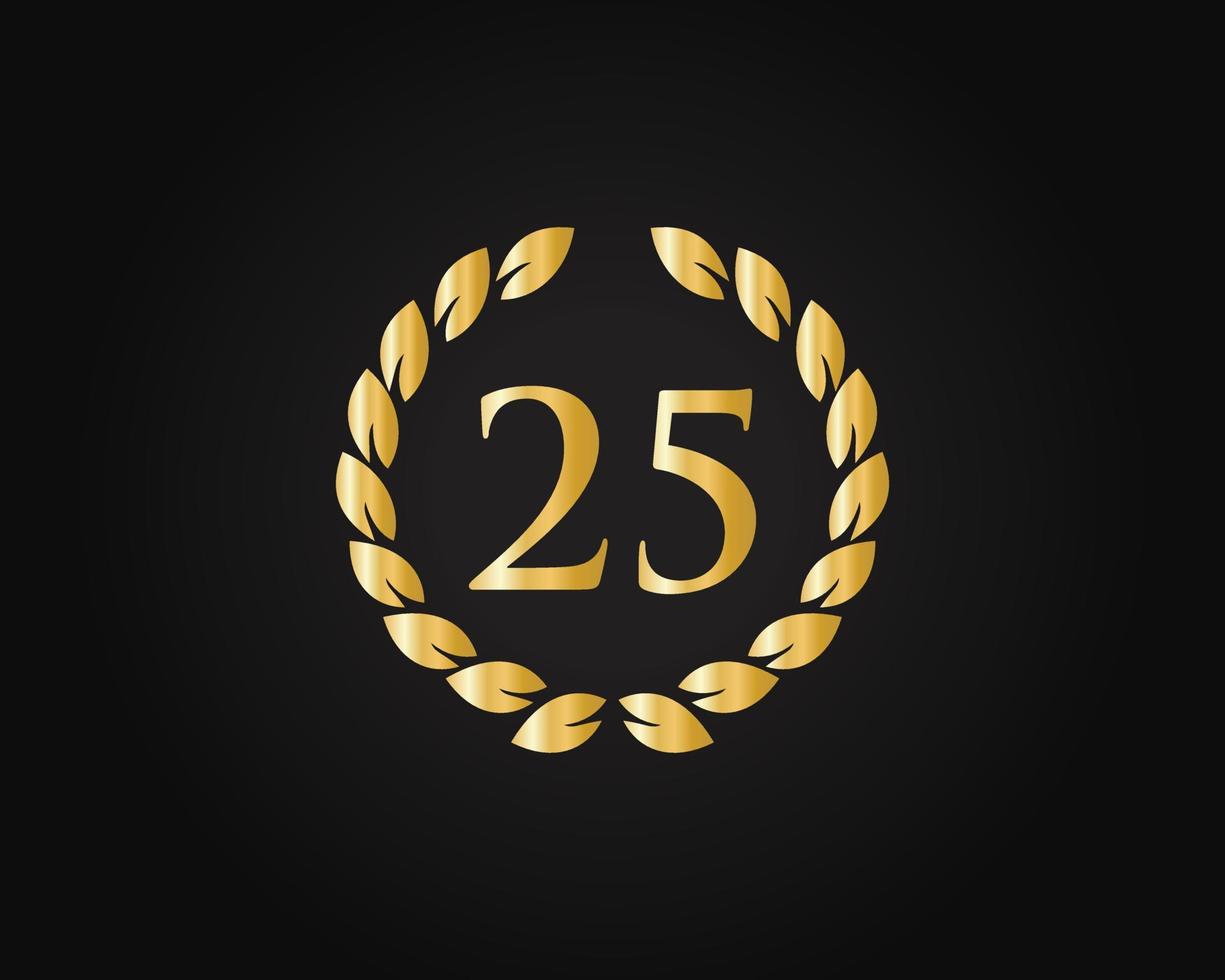 25th Years Anniversary Logo With Golden Ring Isolated On Black Background, For Birthday, Anniversary And Company Celebration vector