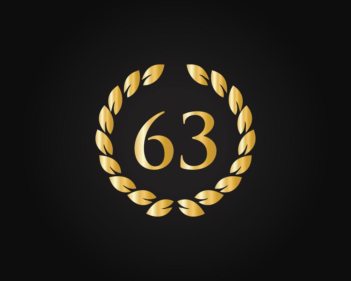 Logotipo de aniversario de 63 años con anillo dorado aislado en fondo negro, para cumpleaños, aniversario y celebración de la empresa vector