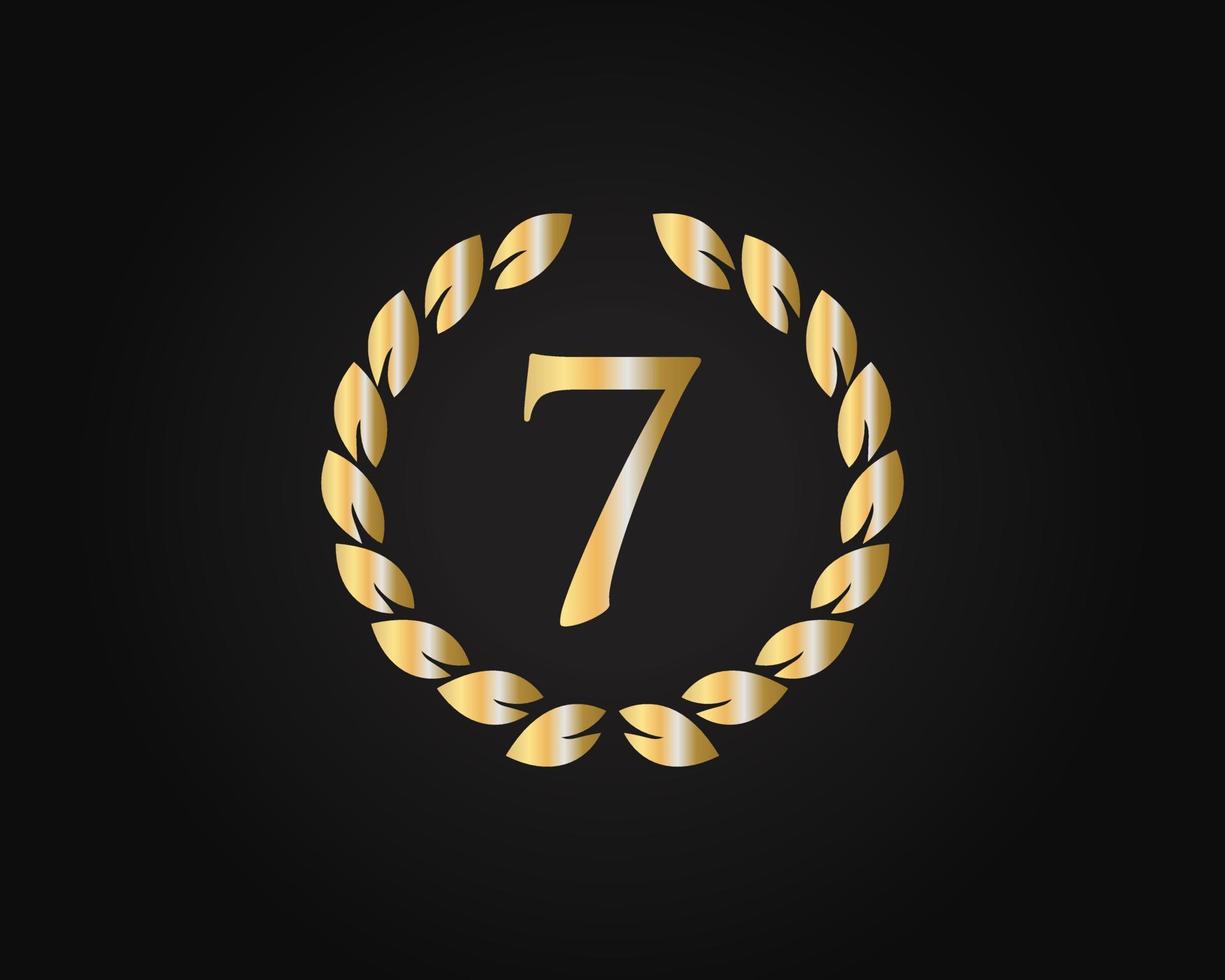7th Years Anniversary Logo With Golden Ring Isolated On Black Background, For Birthday, Anniversary And Company Celebration vector