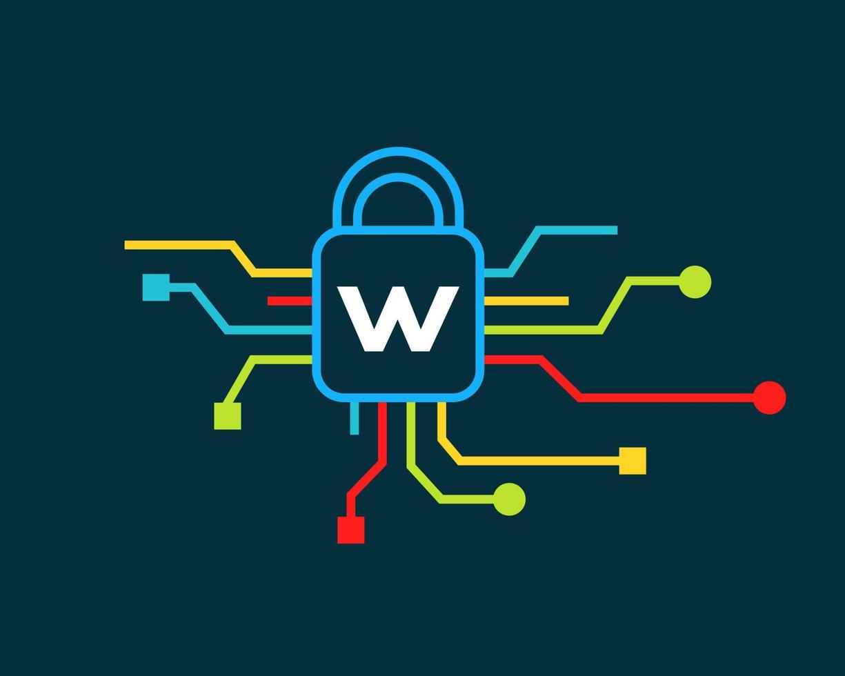 logotipo de seguridad cibernética de la letra w. ciberprotección, tecnología, biotecnología y alta tecnología vector