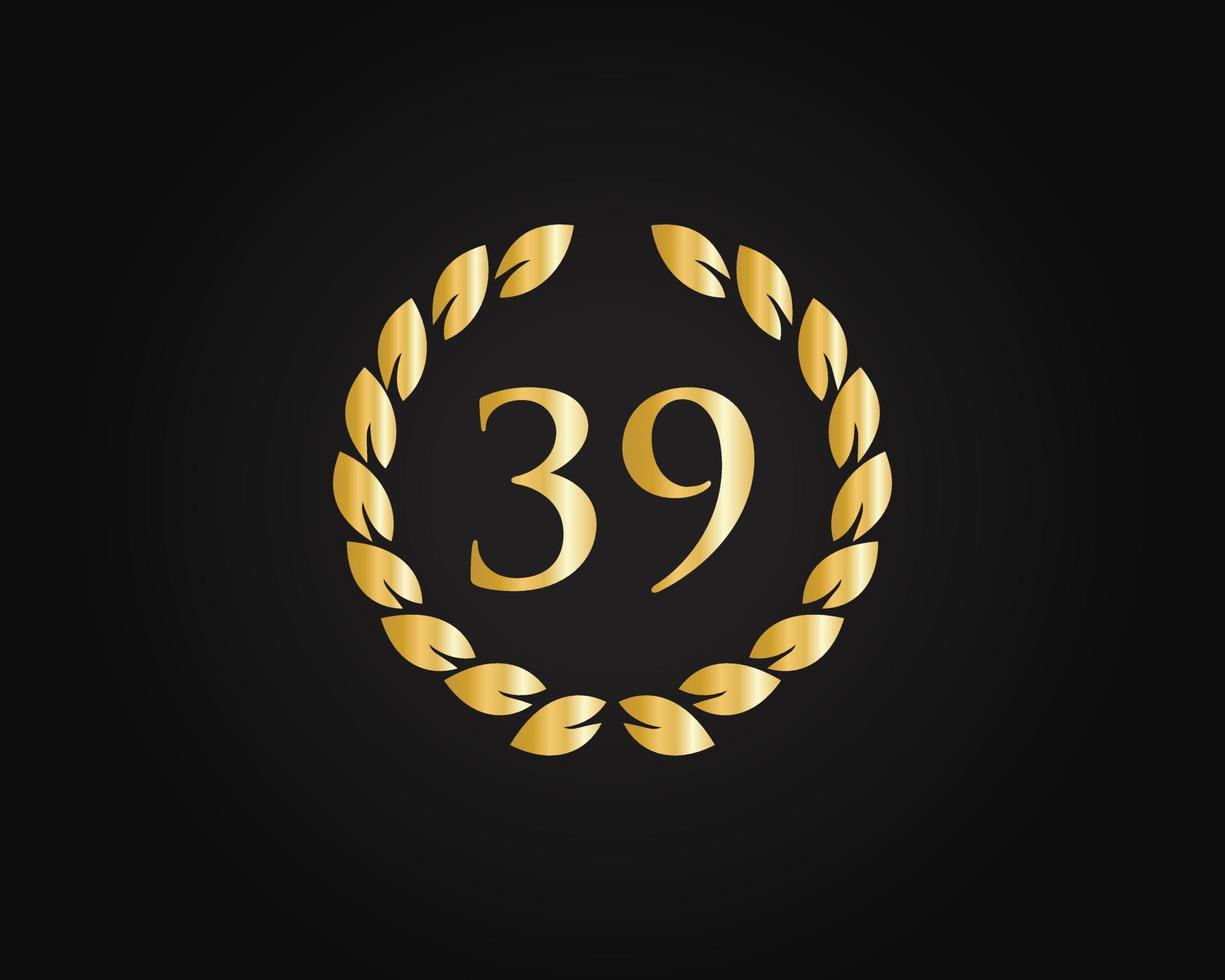 39th Years Anniversary Logo With Golden Ring Isolated On Black Background, For Birthday, Anniversary And Company Celebration vector