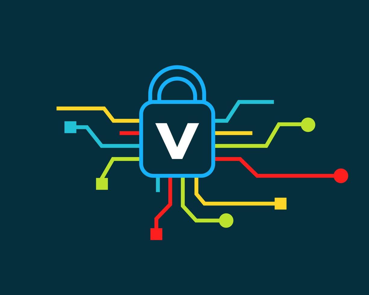 Letter V Cyber Security Logo. Cyber Protection, Technology, Biotechnology and High Tech vector