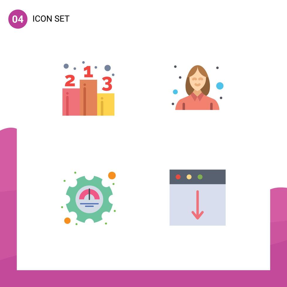 4 iconos planos universales establecidos para aplicaciones web y móviles estrategia de excelencia empresarial productividad femenina elementos de diseño vectorial editables vector