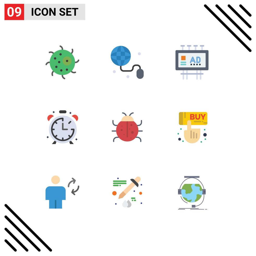 9 Universal Flat Color Signs Symbols of insect timer billboard advertisement education alarm Editable Vector Design Elements