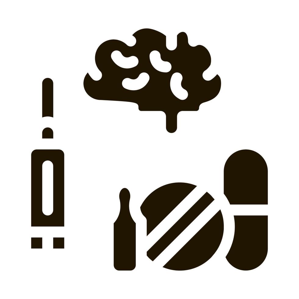 ilustración de icono de cerebro, jeringa y pastillas vector