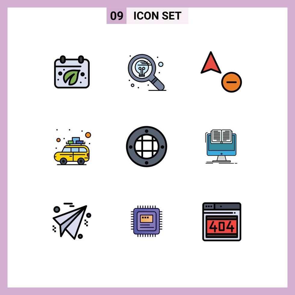 símbolos de iconos universales grupo de 9 colores planos modernos de línea rellena de autobús de lámpara pensando en viajes camping elementos de diseño de vectores editables