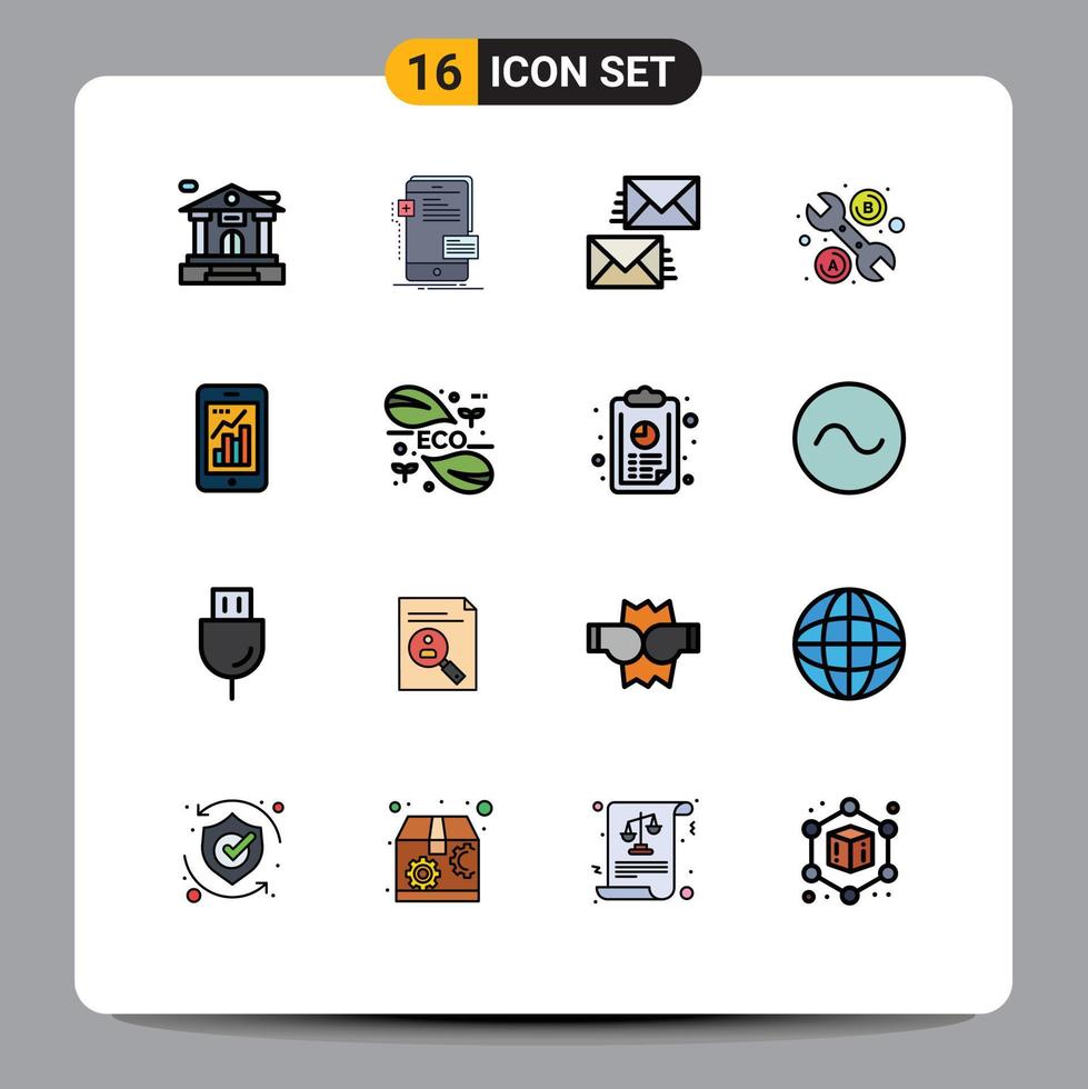 16 User Interface Flat Color Filled Line Pack of modern Signs and Symbols of analytics wrench communication tool envelope Editable Creative Vector Design Elements