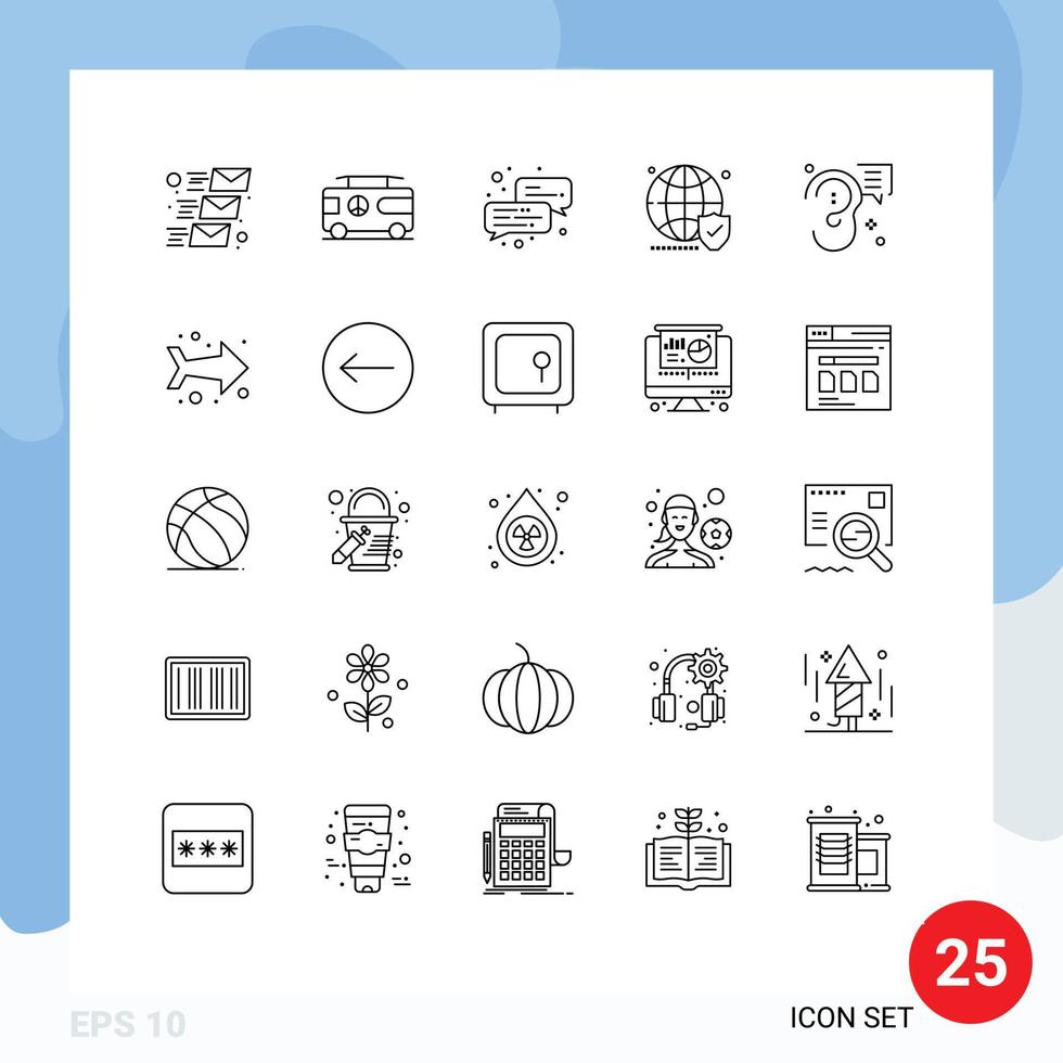 25 signos de línea universal símbolos de comunicación seguridad empresarial mundo escudo elementos de diseño vectorial editables vector