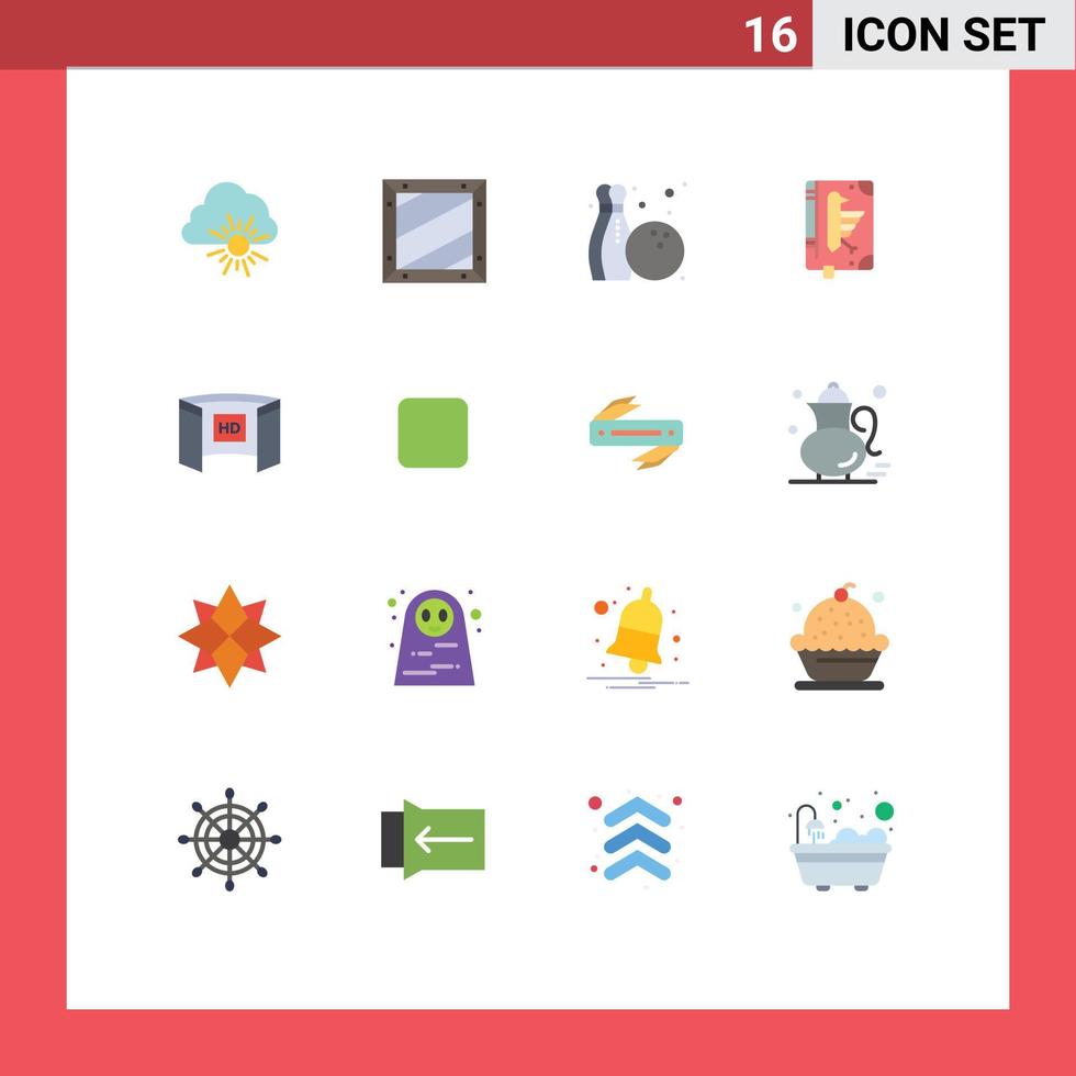 Pack of 16 Modern Flat Colors Signs and Symbols for Web Print Media such as cinematography declaration programing constitution book Editable Pack of Creative Vector Design Elements