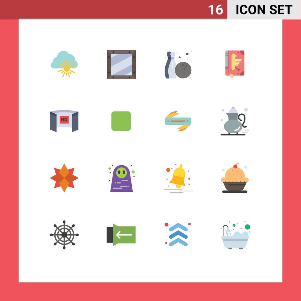 paquete de 16 signos y símbolos modernos de colores planos para medios impresos web, como la declaración cinematográfica, programación, libro de constitución, paquete editable de elementos creativos de diseño de vectores