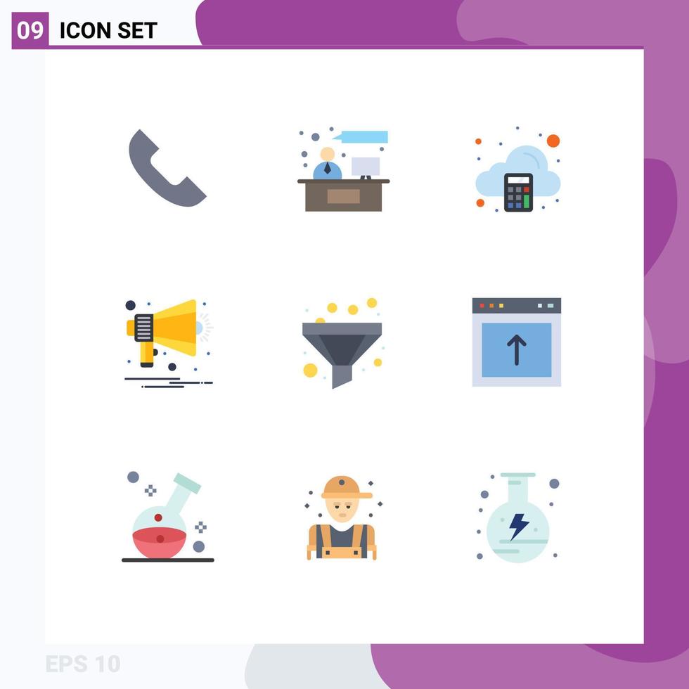 Pictogram Set of 9 Simple Flat Colors of funnel notification accounting multimedia announcement Editable Vector Design Elements