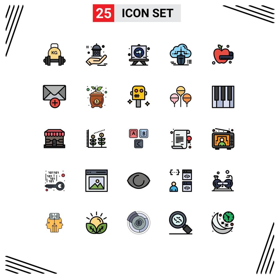 Set of 25 Vector Filled line Flat Colors on Grid for data connected hand cloud board Editable Vector Design Elements