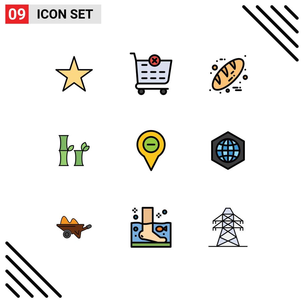 paquete de 9 signos y símbolos de colores planos de línea de relleno modernos para medios de impresión web, como menos navegación, mapa de alimentos, elementos de diseño de vectores editables chinos