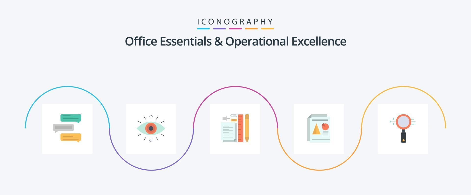Office Essentials And Operational Exellence Flat 5 Icon Pack Including pie. report. member. pin. pen vector