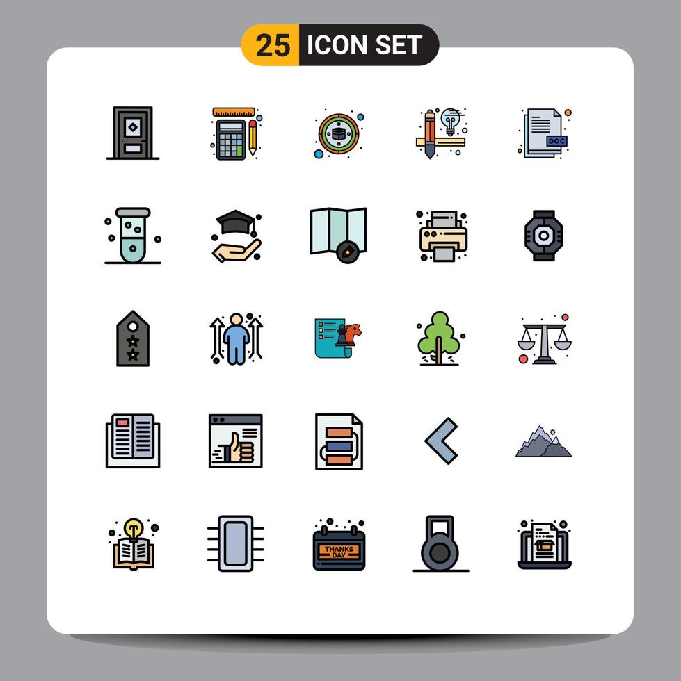 Set of 25 Vector Filled line Flat Colors on Grid for document doc extension compass doc design Editable Vector Design Elements