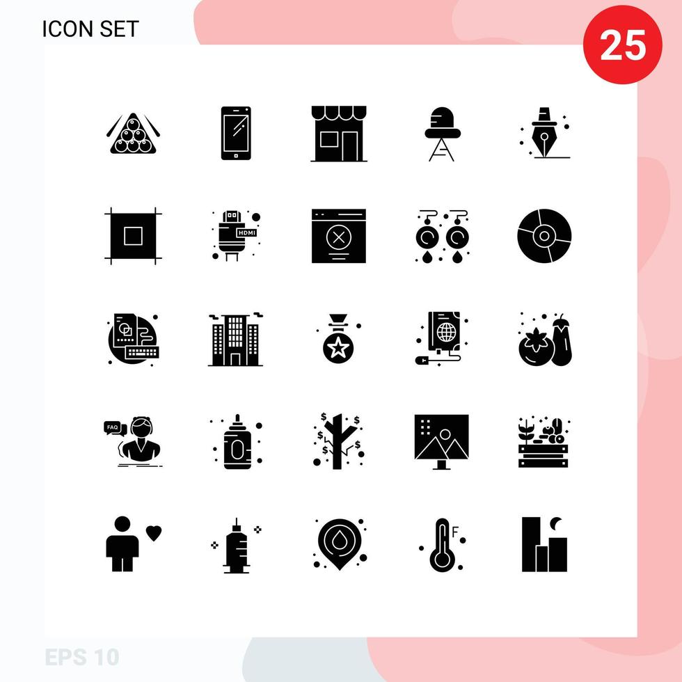 Editable Vector Line Pack of 25 Simple Solid Glyphs of light diode huawei shop marketplace Editable Vector Design Elements