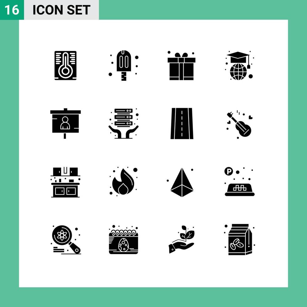 Mobile Interface Solid Glyph Set of 16 Pictograms of seo marketing father finance globe Editable Vector Design Elements