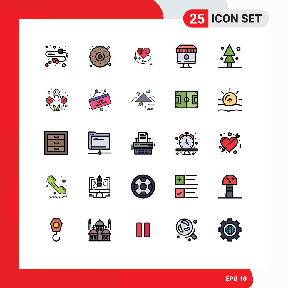Mobile Interface Filled line Flat Color Set of 25 Pictograms of nature commerce sewing heart e online Editable Vector Design Elements