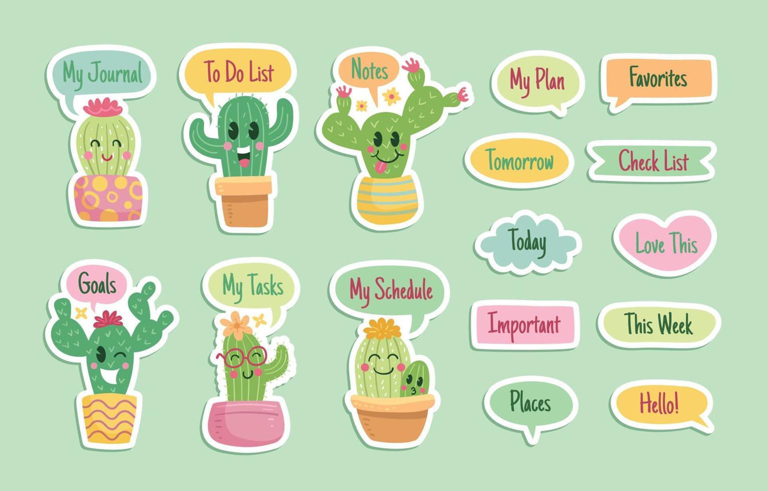 Journal Templates Cute Cactus Character Stickers vector