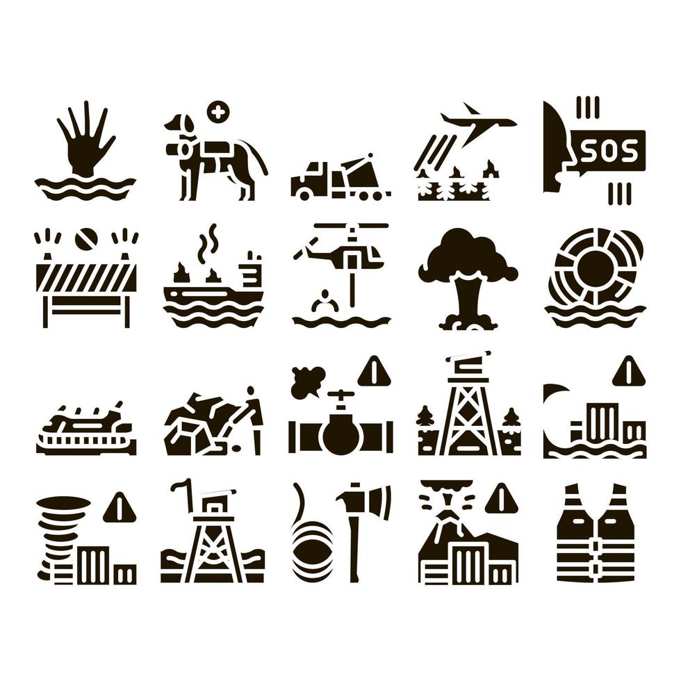 Rescuer Equipment Glyph Set Vector Illustrations