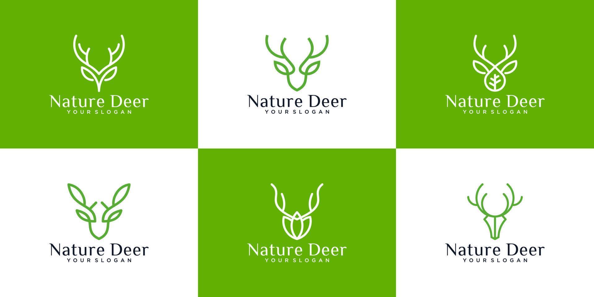 collection of modern deer head logos with leaves. Abstract vector