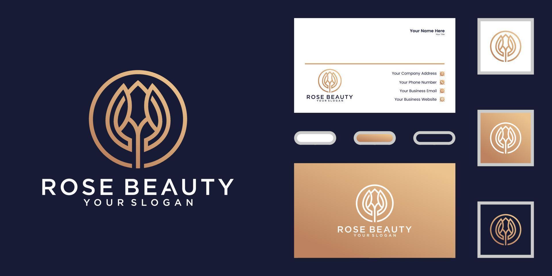 beauty flower logo with line art style and circle logo and business card design vector