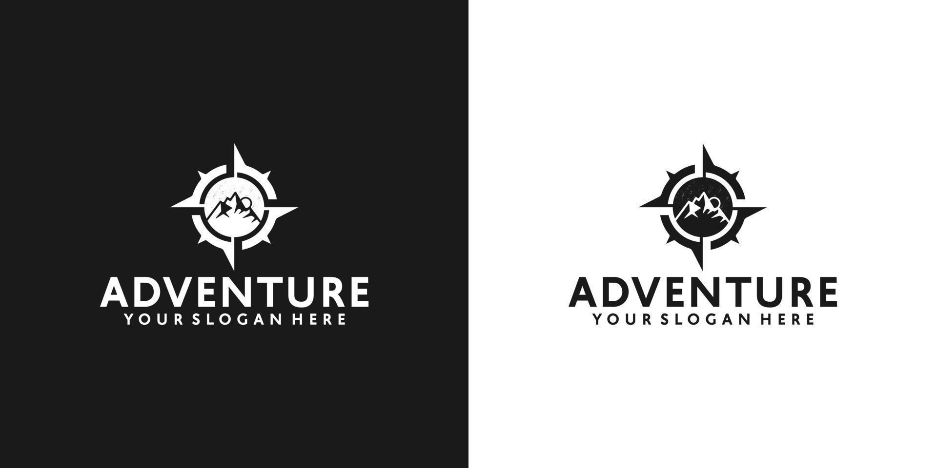 mountains vintage logo and direction compass in black and white vector